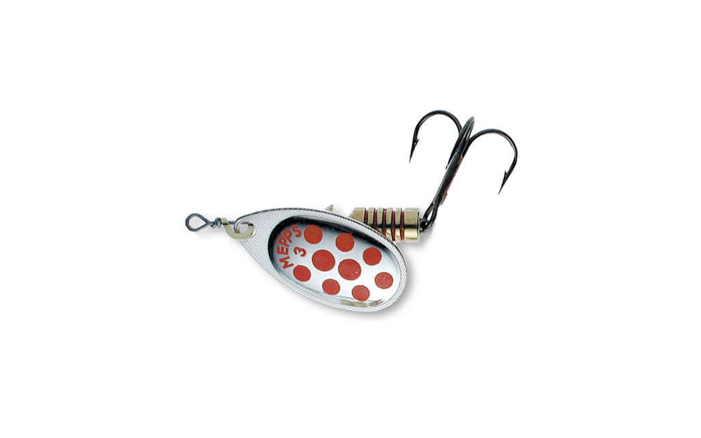 Mepps Aglia n.3 in argento con punte rosse, esca classica per la pesca. Vibrazioni attrattive in acqua.