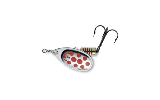 Mepps Aglia n.3 in argento con punte rosse, esca classica per la pesca. Vibrazioni attrattive in acqua.