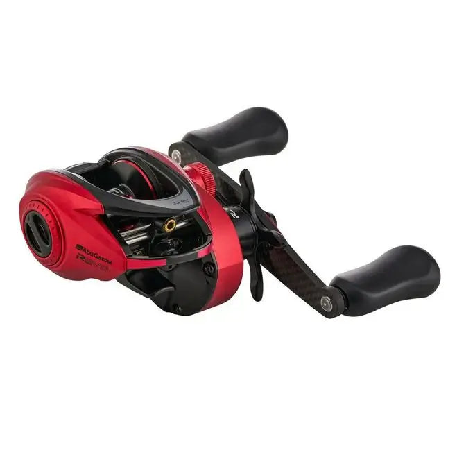 Abu Garcia Revo Rocket Low Profile Reel in red, designed for speed and precision in fishing.