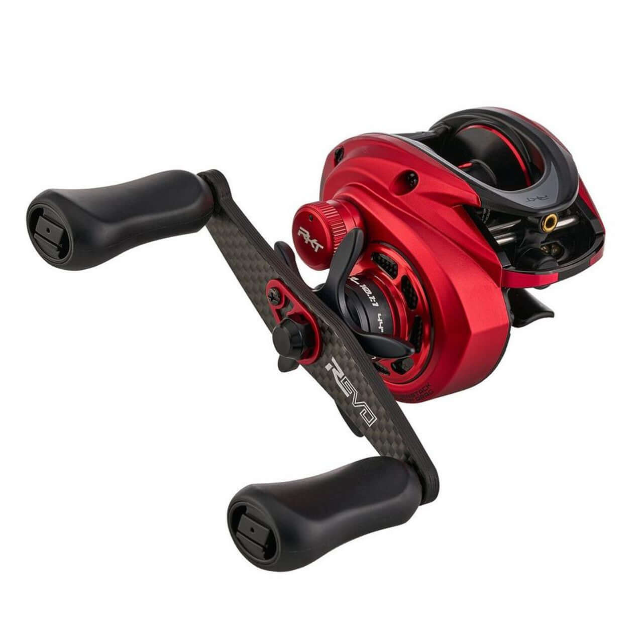 Abu Garcia Revo Rocket Low Profile Reel in red, designed for speed and precision in fishing.
