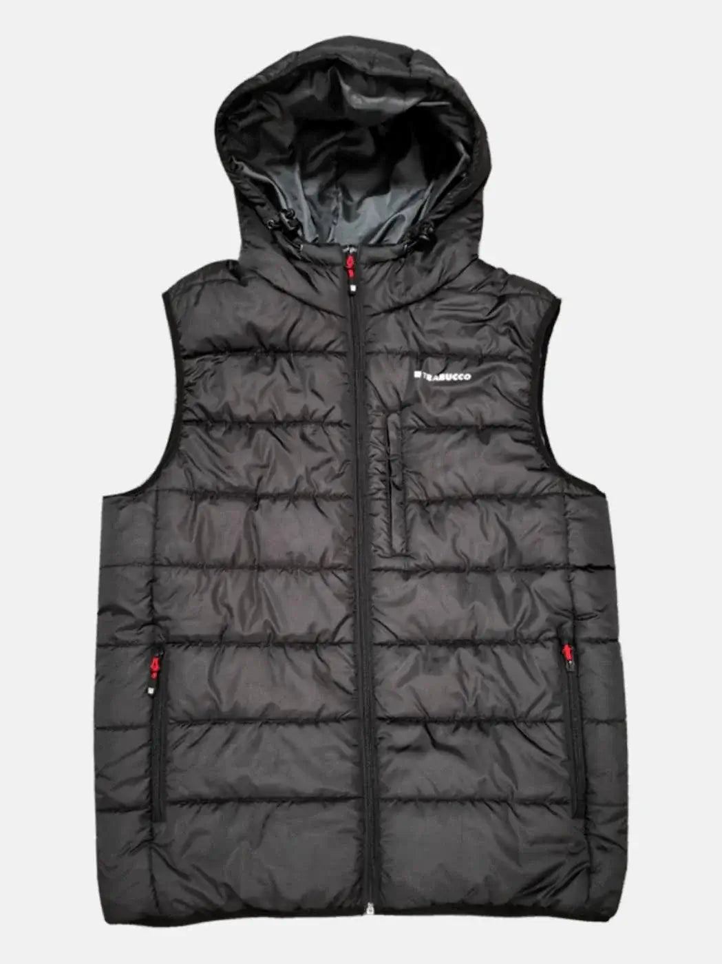 Trabucco GNT-Teknik Bodywarmer – Gilet Tecnico Termico Antivento in black color with hood and zipper.