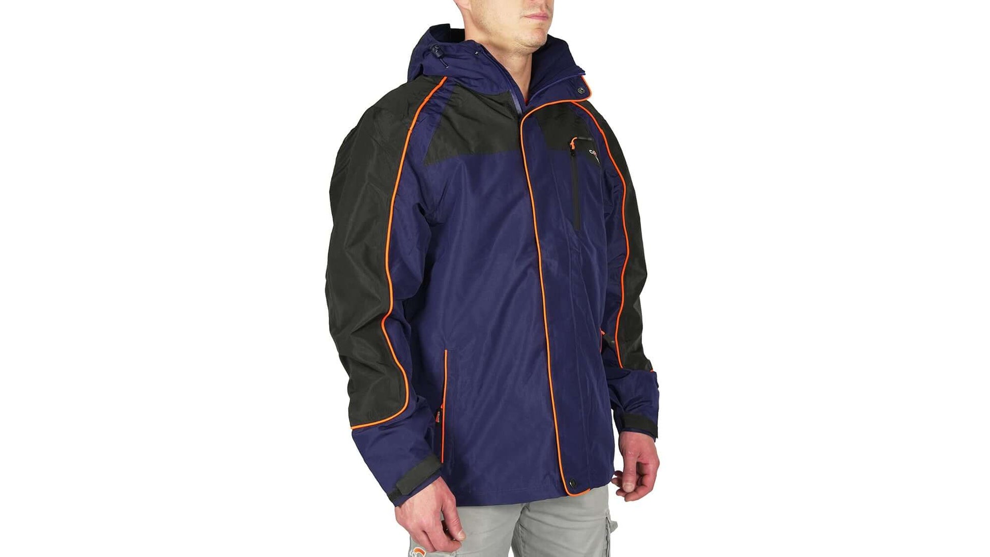 London EVO Jacket displayed on a male model, featuring a waterproof design and vibrant color scheme.
