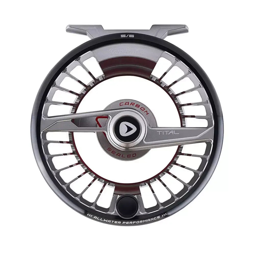Greys Tital Fly Reel in sleek design showcasing carbon sealed features for allwater performance.