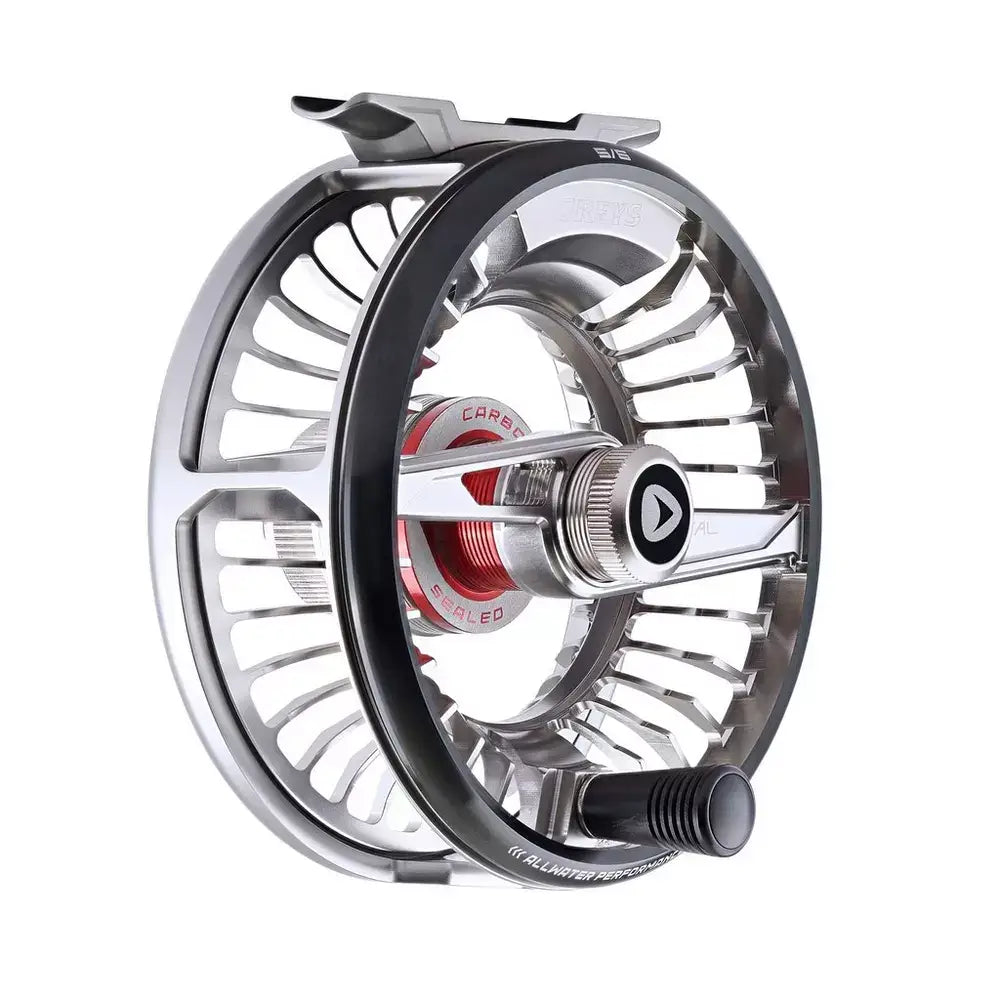 Greys Tital Fly Reel in silver, showcasing sealed disc drag system and durable aluminum construction.