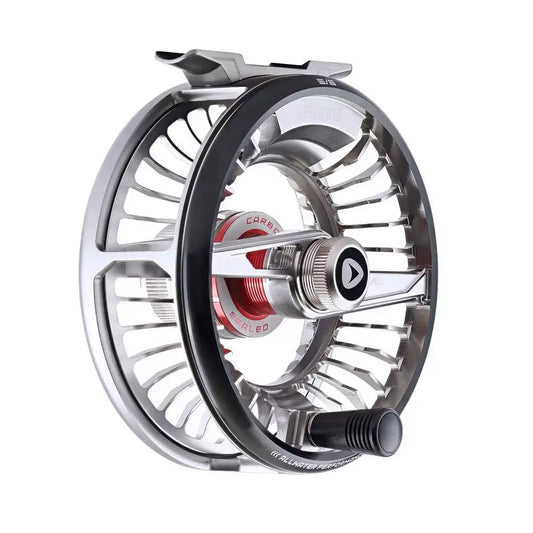 Greys Tital Fly Reel in silver, showcasing sealed disc drag system and durable aluminum construction.