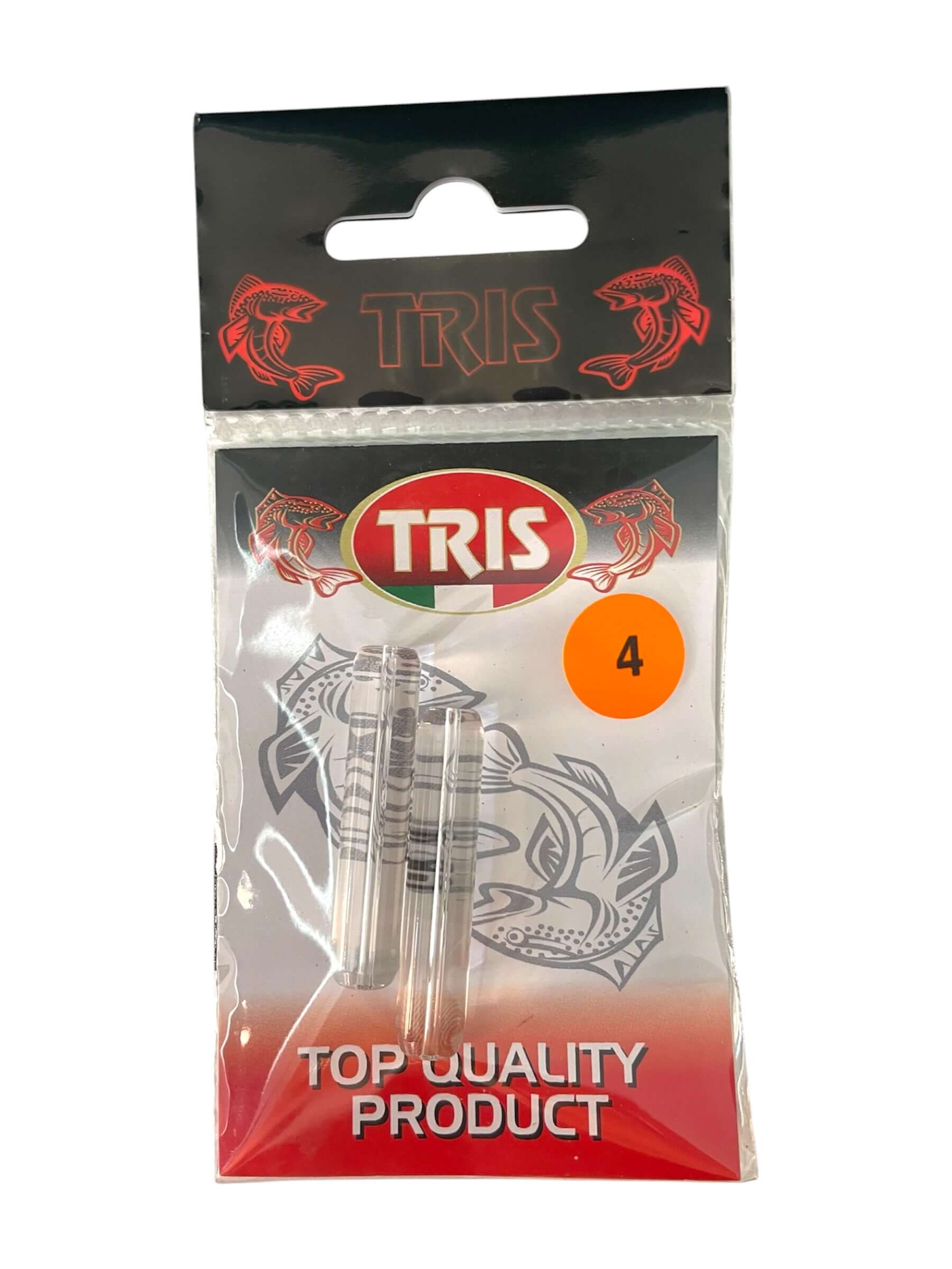 Vetrini TRIS packaging showing top quality fishing accessories in calibrated glass for maximum precision.