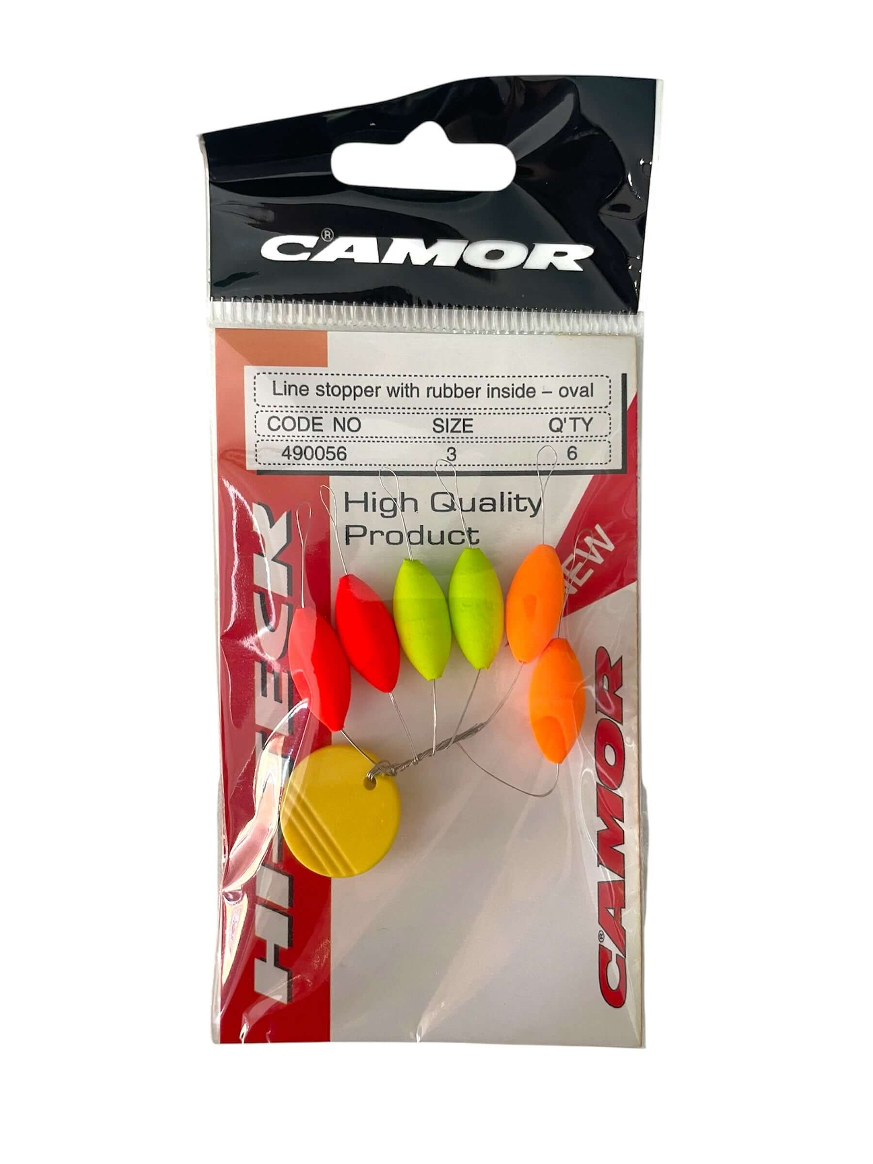 Stopper Ovali Camor Hi-Tech, accessori da pesca in confezione, stopper ovali con inserto in gomma per bloccaggio filo