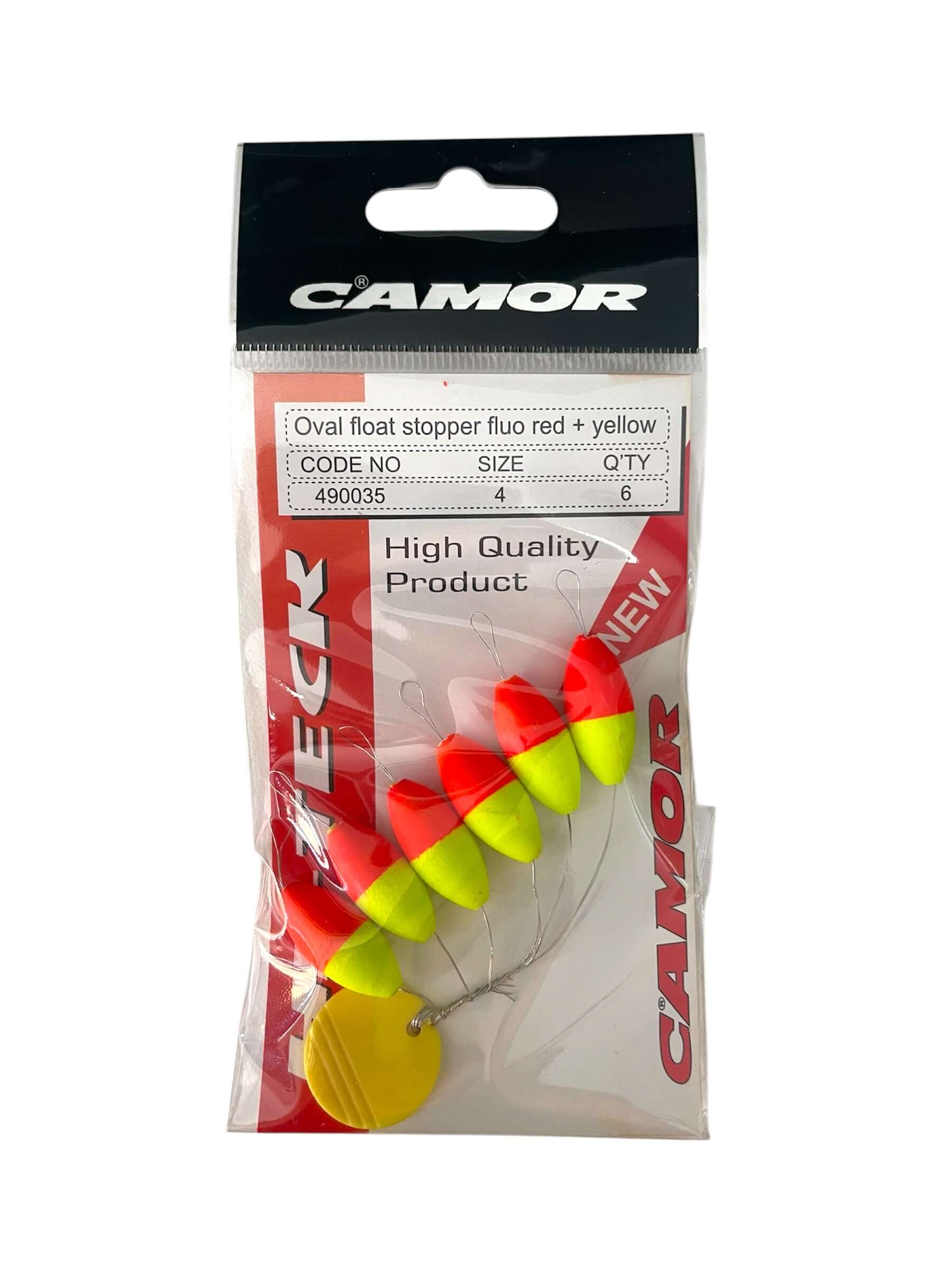 Stopper Ovali CAMOR in fluo red and yellow packaging, high quality fishing accessories for precise float adjustment.