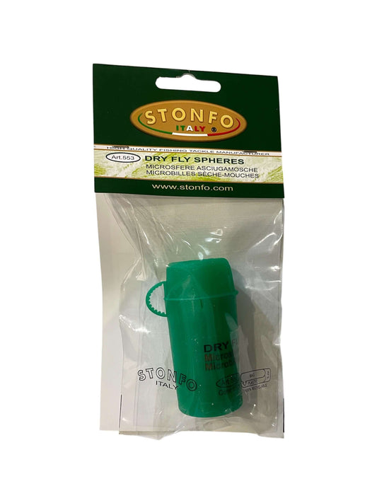Stonfo Dry Fly Spheres packaging featuring high-absorbent microspheres for drying fishing flies quickly.