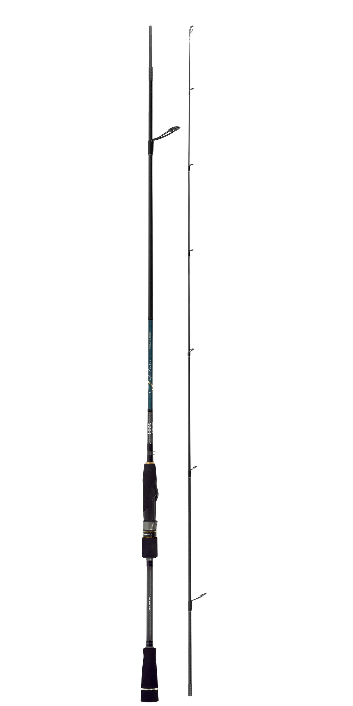 Herakles J Hero spinning rod displayed in two pieces, showcasing its sleek design and lightweight construction.