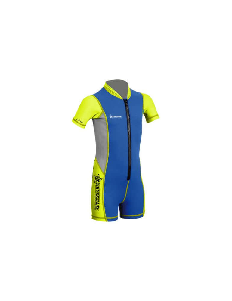 Abysstar Shorty Sea Spring Baby 2,5 mm muta corta per bambini, neoprene blu e giallo per snorkeling e nuoto.