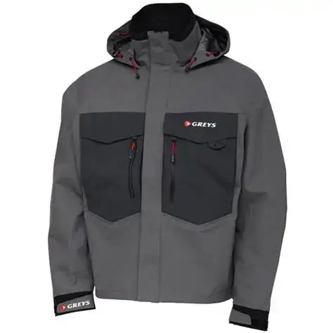 Greys Tital Wading Jacket in grey with waterproof design and pockets for fishing gear.