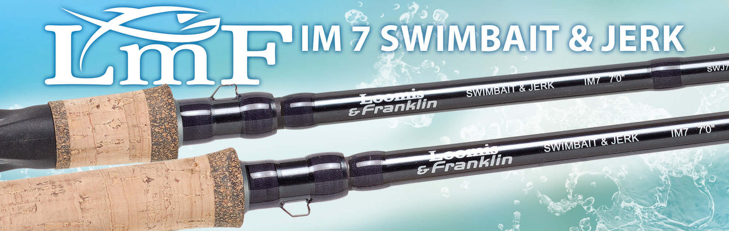 Loomis & Franklin Swimbait & Jerk IM7 fishing rod displayed with a blue water background.
