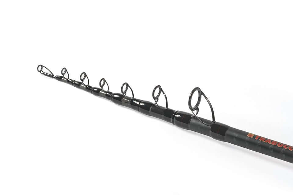 Trabucco Titan XXH Power Sturgeon - No Limits fishing rod showcasing its telescopic design and guides.