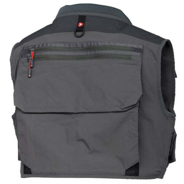 Schiena del gilet Greys Tail Fly Vest grigio con tasche per attrezzatura da pesca.