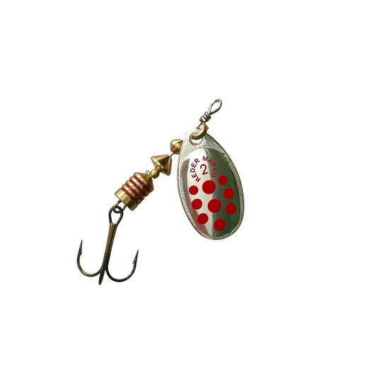 MAPSO Reder n°2 spinner 4,5 g in silver and red design with treble hook for fishing.