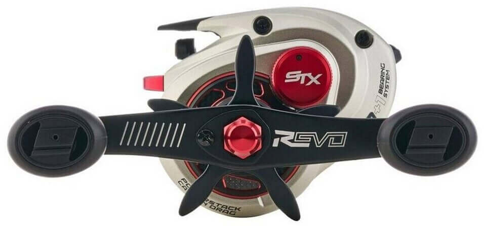 Abu Garcia Revo X Low Profile Reel with black handles and silver frame design.
