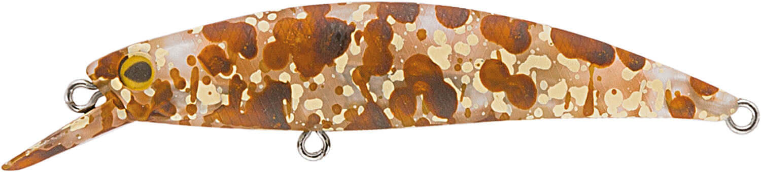Rapture Bakin Native 70mm/8.5g fishing lure in a brown and orange camo pattern, ideal for ultra-light and light spinning.