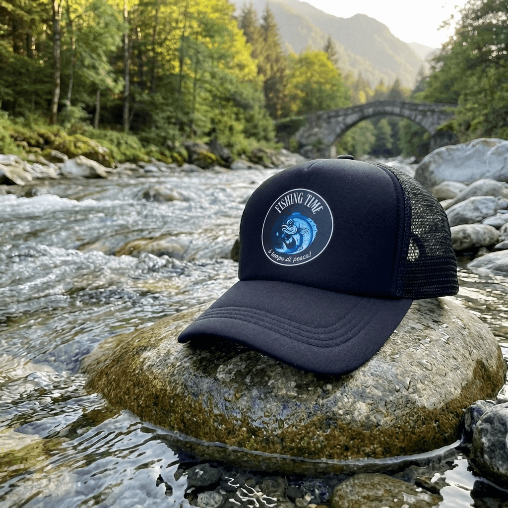Cappellino Ufficiale Fishing Time, è tempo di pesca! con design di pesce.