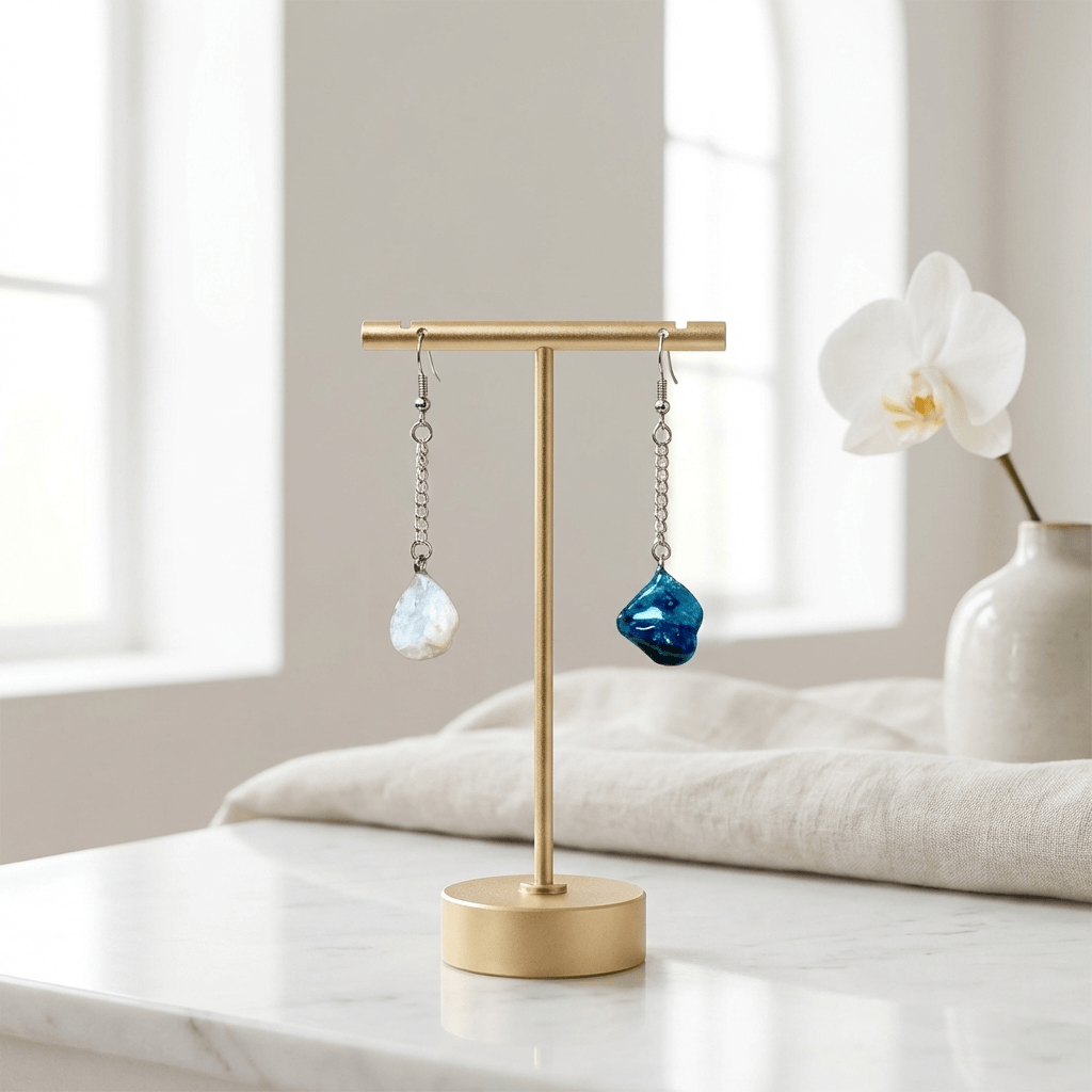 Orecchini Pendenti Artigianali con Pietre Naturali della Valsesia, azzurrite e pietra focaia bianca, contrasto tra cielo e terra