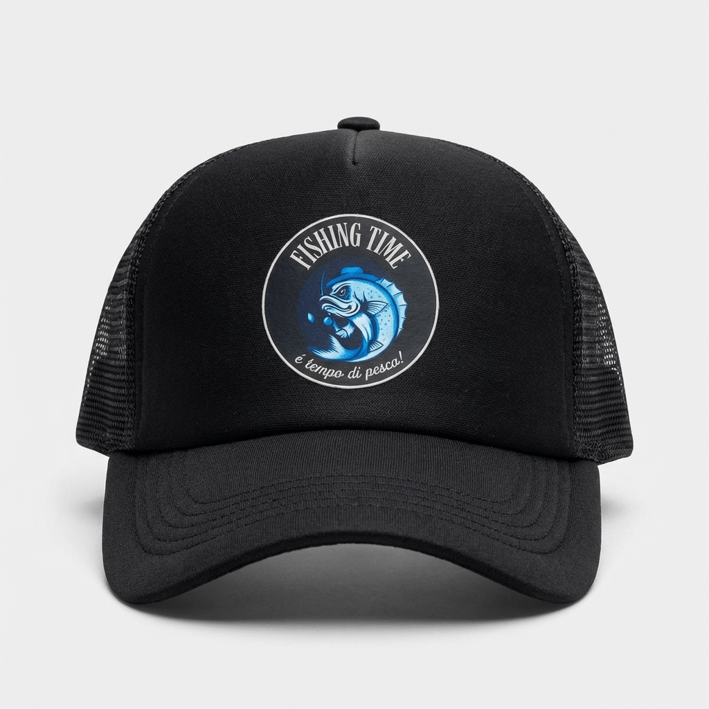 Cappellino Ufficiale Fishing Time, è tempo di pesca! con design di pesce su sfondo nero.