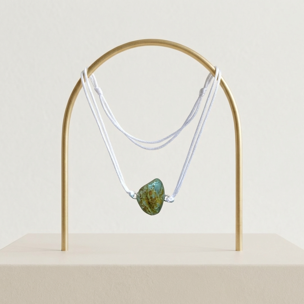 Collier Artigianale con Pietra Naturale dei Fiumi della Valsesia - Anima di mare esposto su supporto elegante.