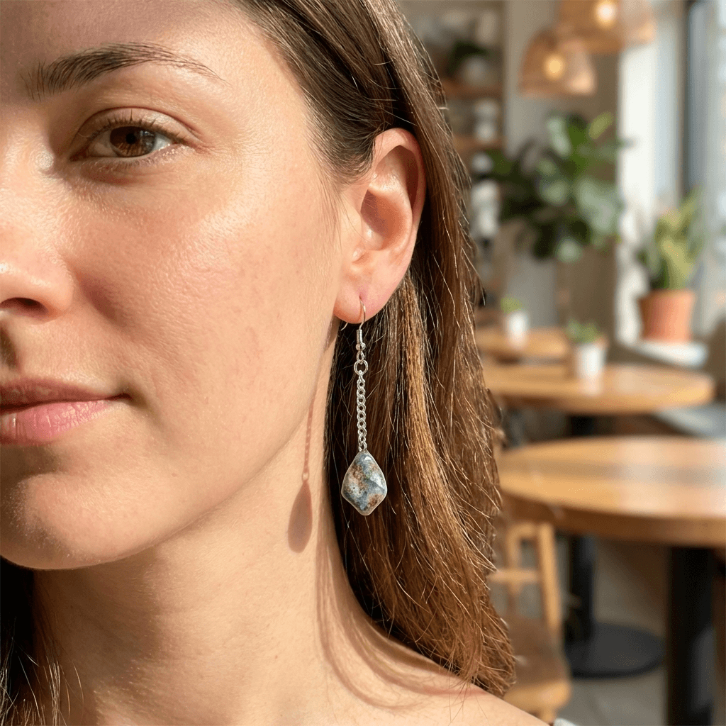 Orecchini Pendenti Artigianali con Pietre Naturali della Valsesia indossati da una donna in ambientazione naturale.