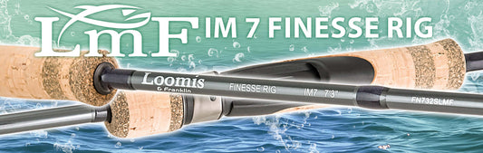 Loomis & Franklin Finesse Rig IM7 on a water background showcasing its ultralight spinning design.