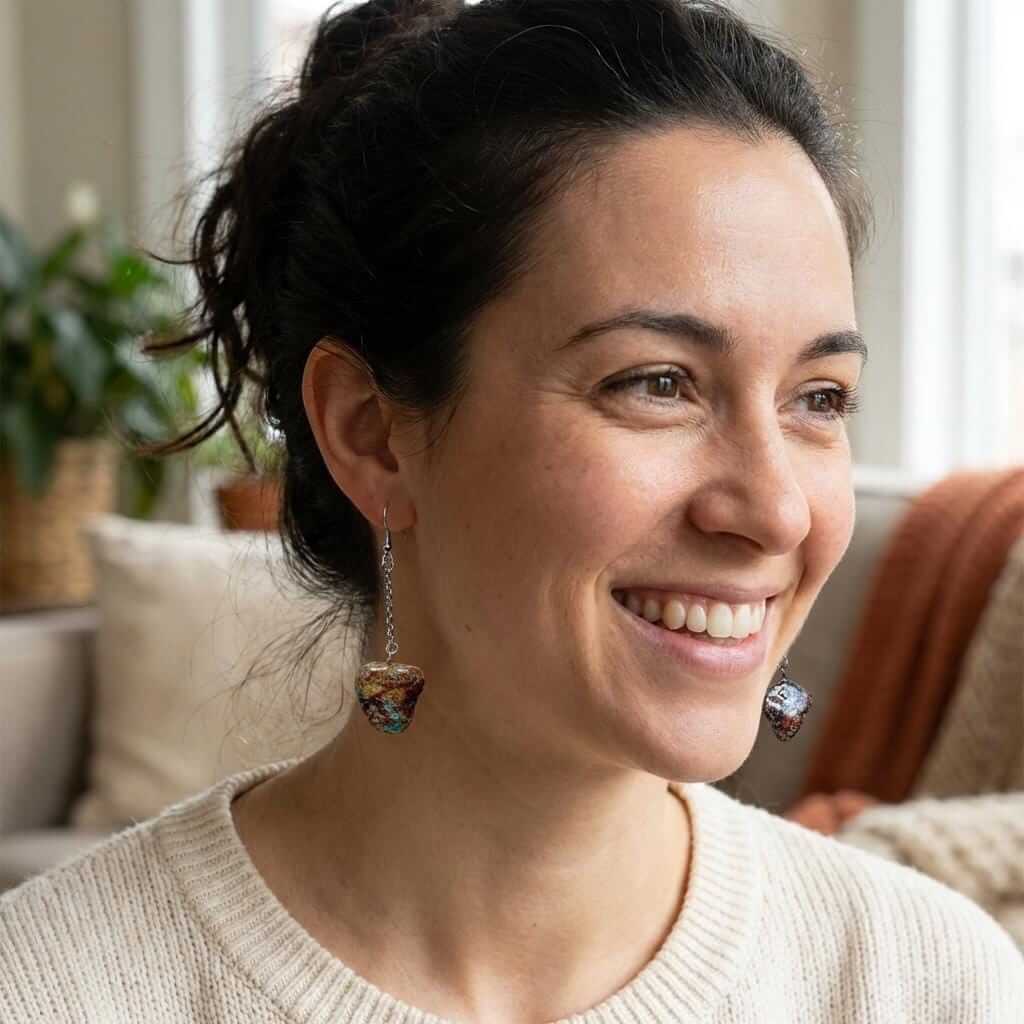 Donna sorridente che indossa Orecchini Pendenti Artigianali con Pietre Naturali della Valsesia, nel suo ambiente domestico.
