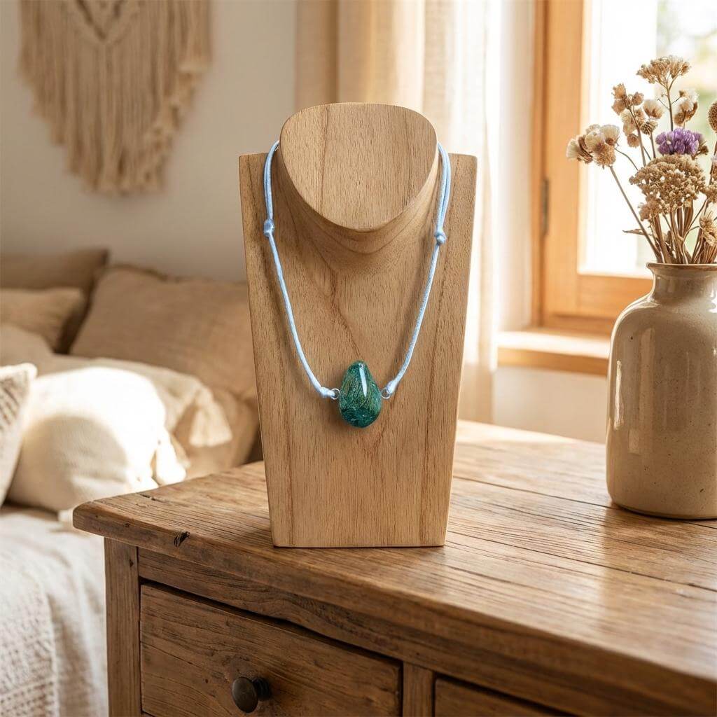 Collier Artigianale con Pietra Naturale dei Fiumi della Valsesia esposto su un supporto in legno con sfondo naturale.