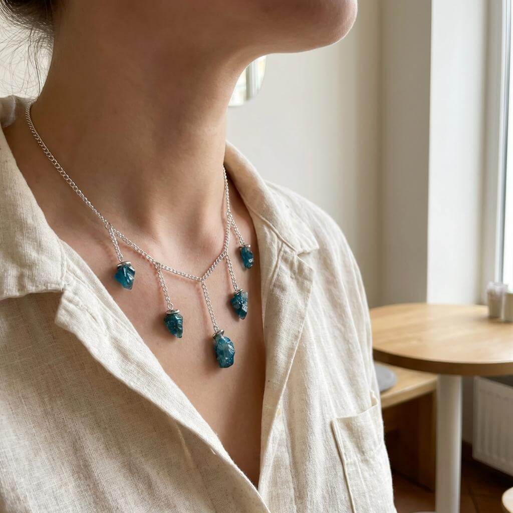 Collana Artigianale con cinque ciondoli di Azzurrite Grezza.