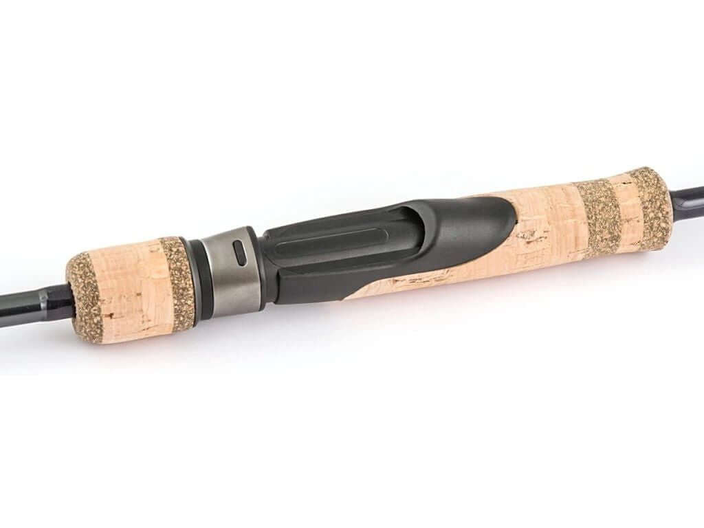 Loomis & Franklin Finesse Rig IM7 ultralight spinning rod handle with cork grips and black details.