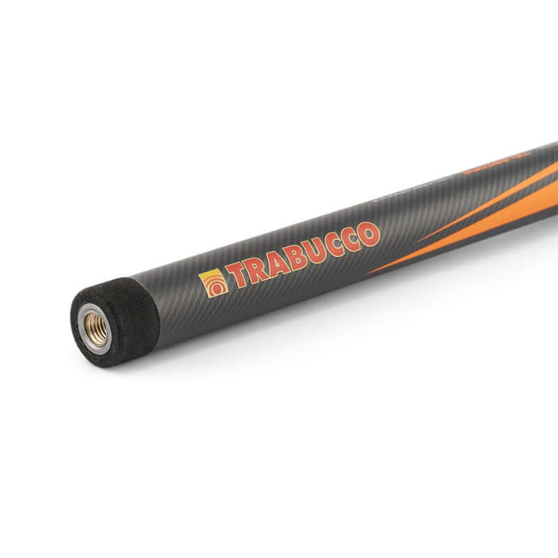 Trabucco Hydrus XSC Master Net detail of the telescopic handle showcasing carbon material and branding.