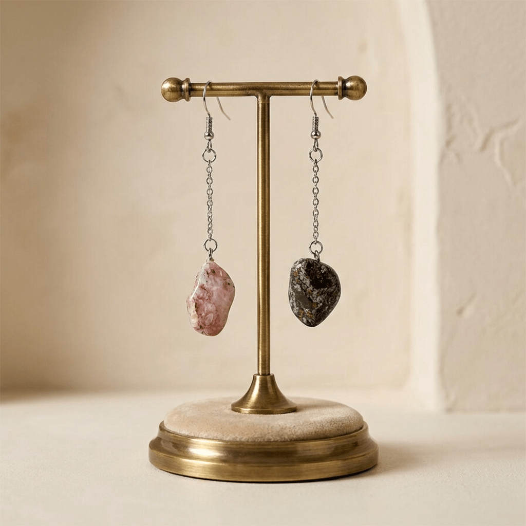 Orecchini Pendenti Artigianali con Pietre Naturali e Minerali della Valsesia – Contrasti di Rosa e Nero - FISHING TIME, è tempo di pesca!