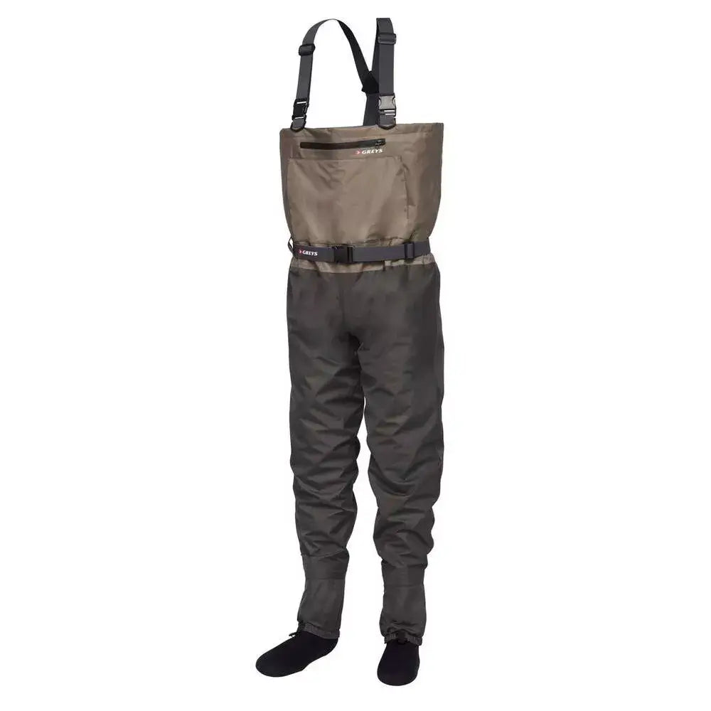 Greys Tail Breathable Stockingfoot Waders displayed in a standing position, featuring adjustable straps and durable fabric.