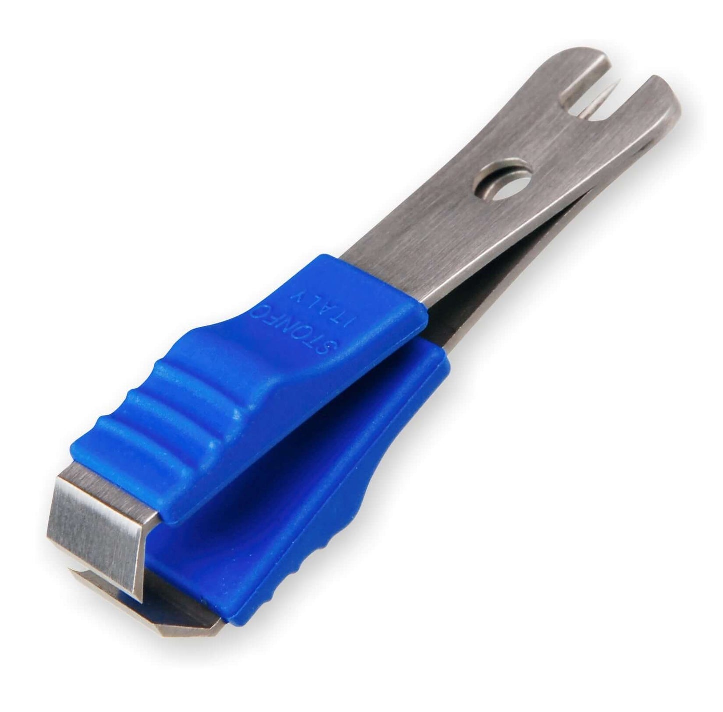Nipper Stonfo in acciaio inox con impugnatura blu, taglia filo e spillo integrato per pulizia occhiello