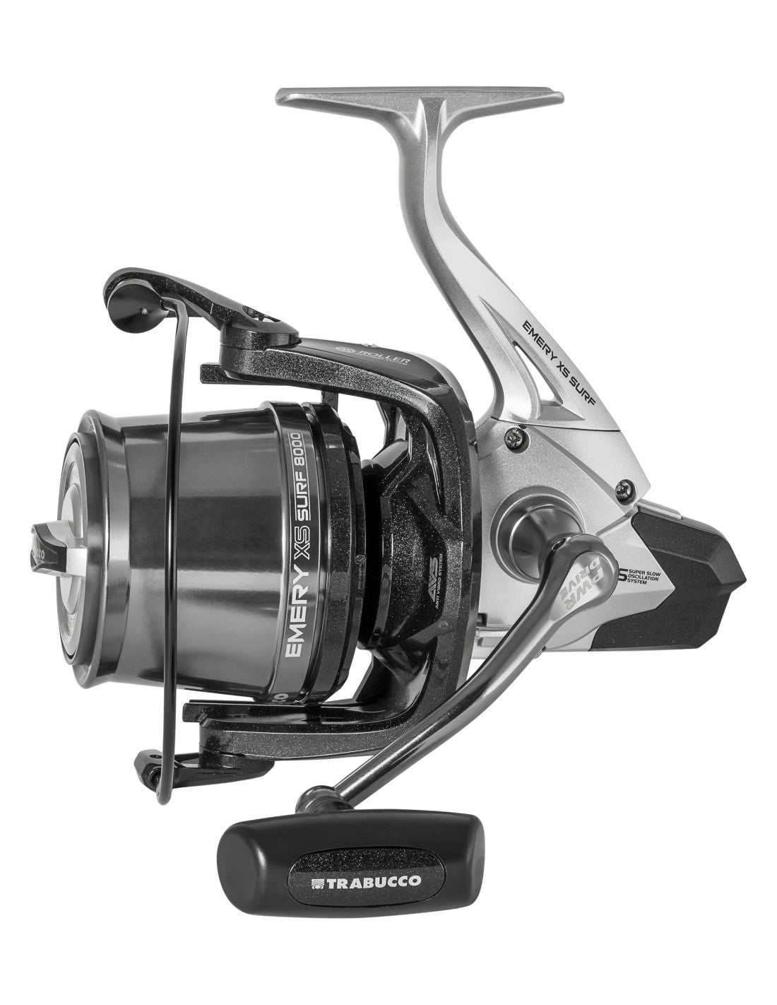 Trabucco Emery XS Surf 8000 spinning reel showcasing lightweight graphite design for surfcasting.