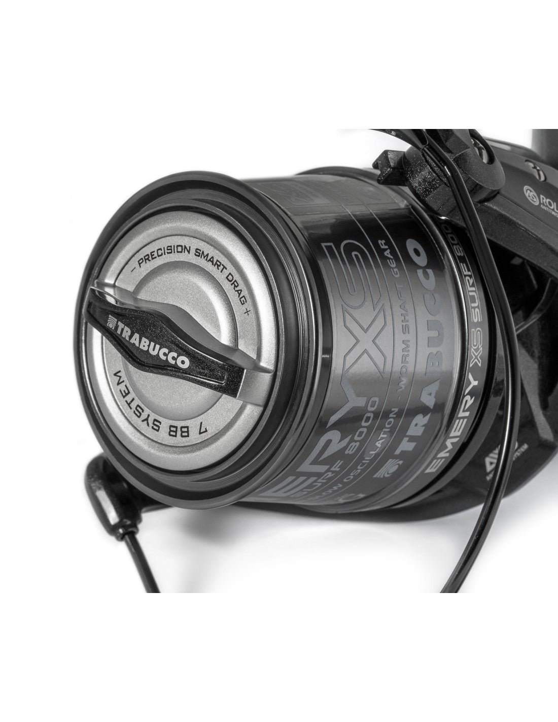 Trabucco Emery XS Surf 8000 spinning reel showcasing lightweight graphite design for surfcasting.